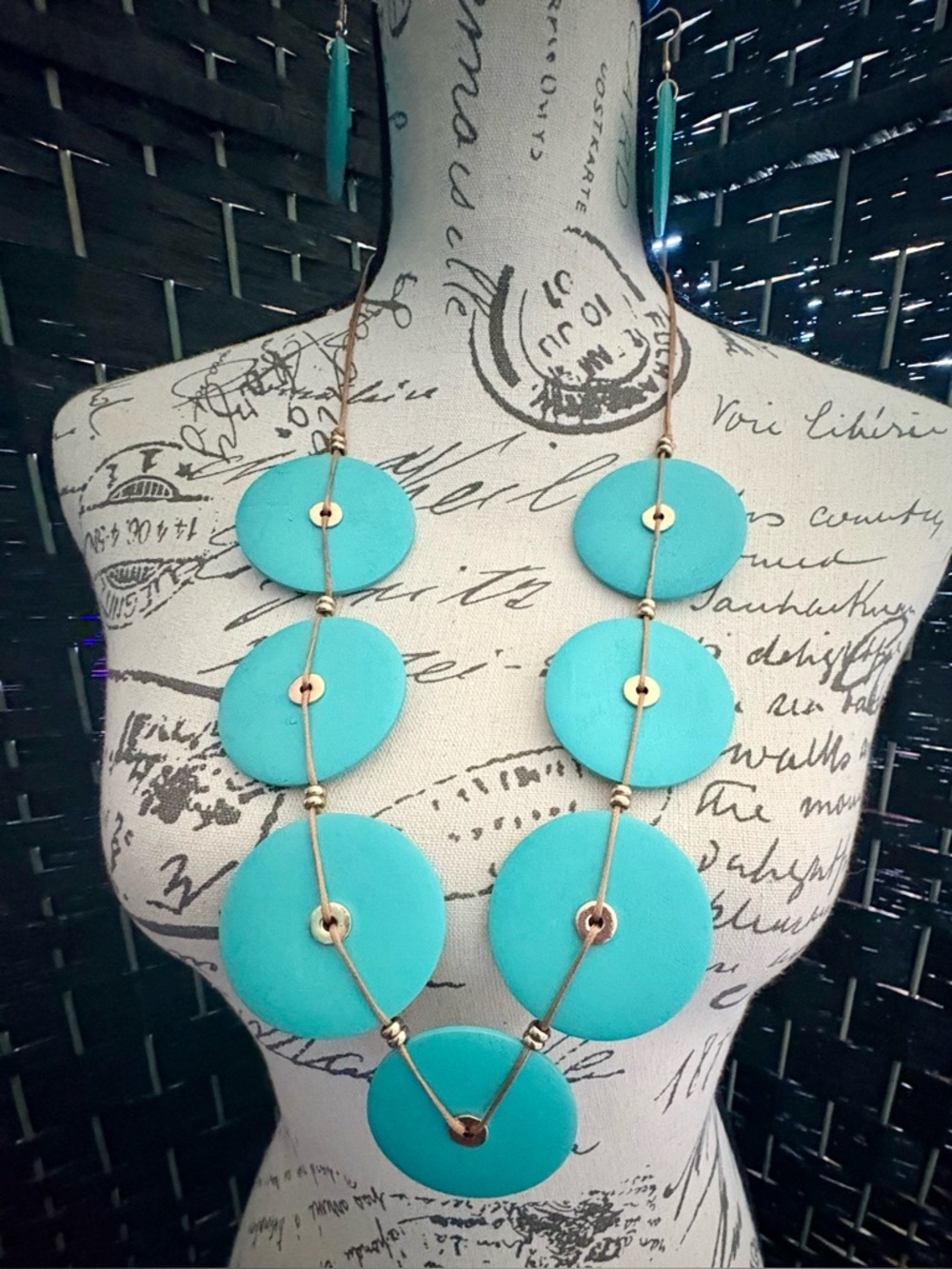 Painted Turquoise Colored Wooden Disc Statement Necklace and Earrings - Handmade